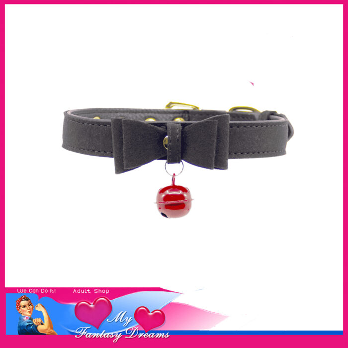 Berlin Baby - Vegan Faux Soft Leather Suede Kitty Collar Bell 32cm - 42cm Black Red Bell