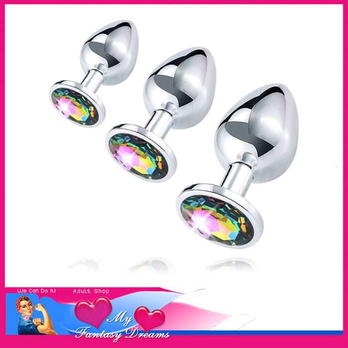 JCW Pleasure Products - 3 Pack Jewelled Anal Plug Set Stainless Steel Heavy Quality SML Silver Rainbow Base