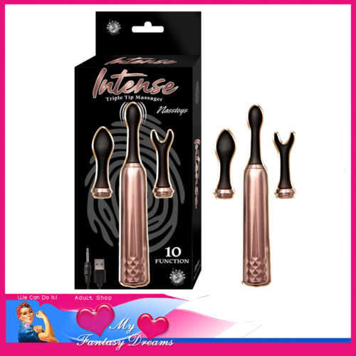 Intense - Triple Tip Massager Clitoris 10 Speed Interchange 3.74" Silicone Tips Gold Black