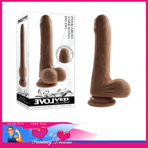 Evolved - Peek A Boo Vibrating Dildo Silicone 20.3cm Foreskin Usb 10 Speeds Tan Brown