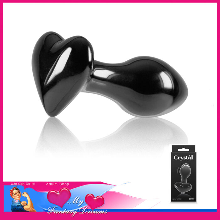 Crystal - Borosilicate Glass Smooth Premium Quality Anal Plug 3.5" x 1" Heart Base Black