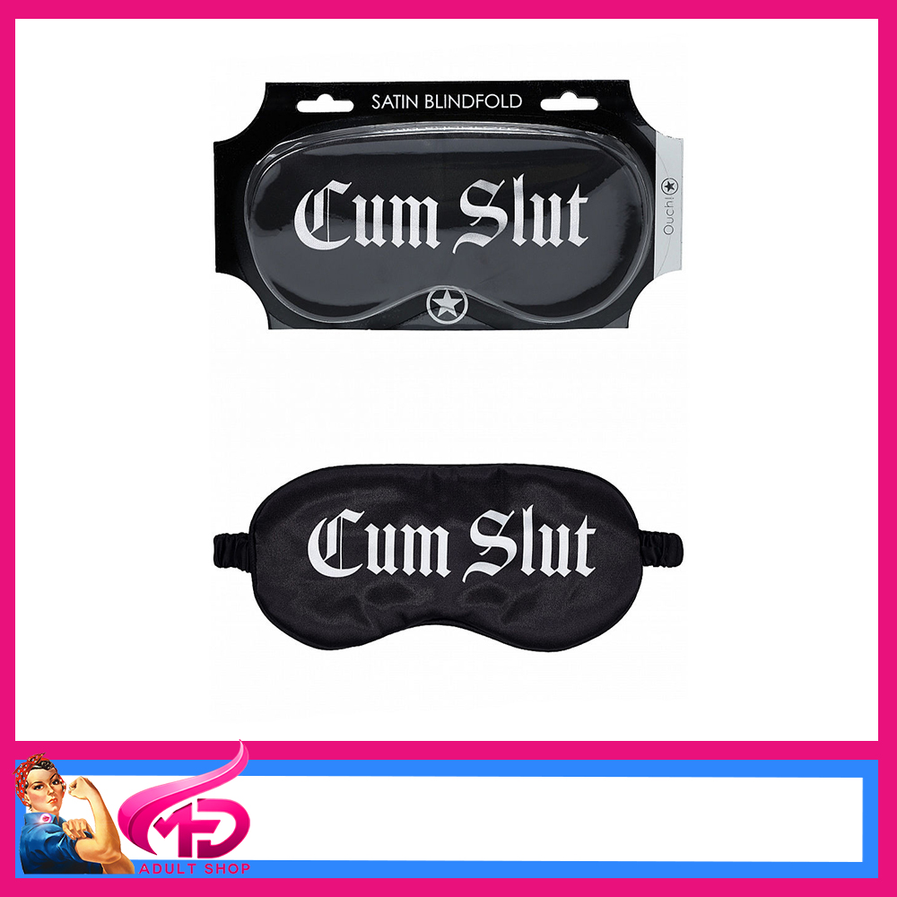Ouch! – Satin Printed Blindfold “CUM SLUT” (Black/White)