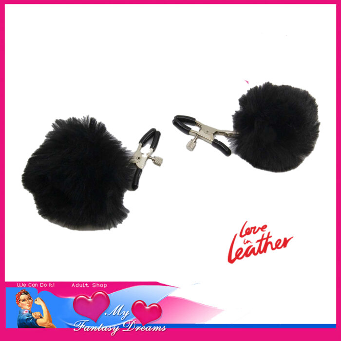 Love in Leather - Pom Pom Faux Fur 7cm Wide Nipple Clamps Black