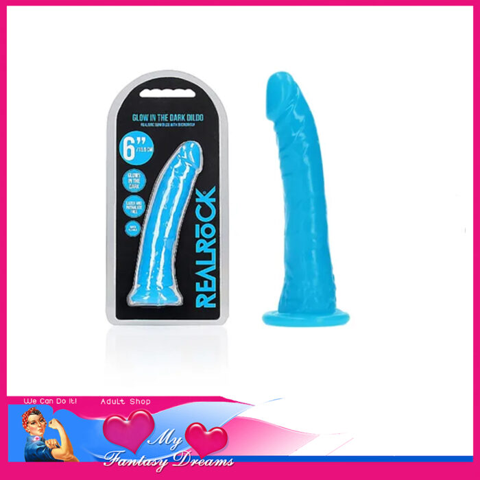 Realrock - 6" Glow in The Dark Penis Anal Dildo Strong Suction Cup Medium Firm Density Tpe Blue