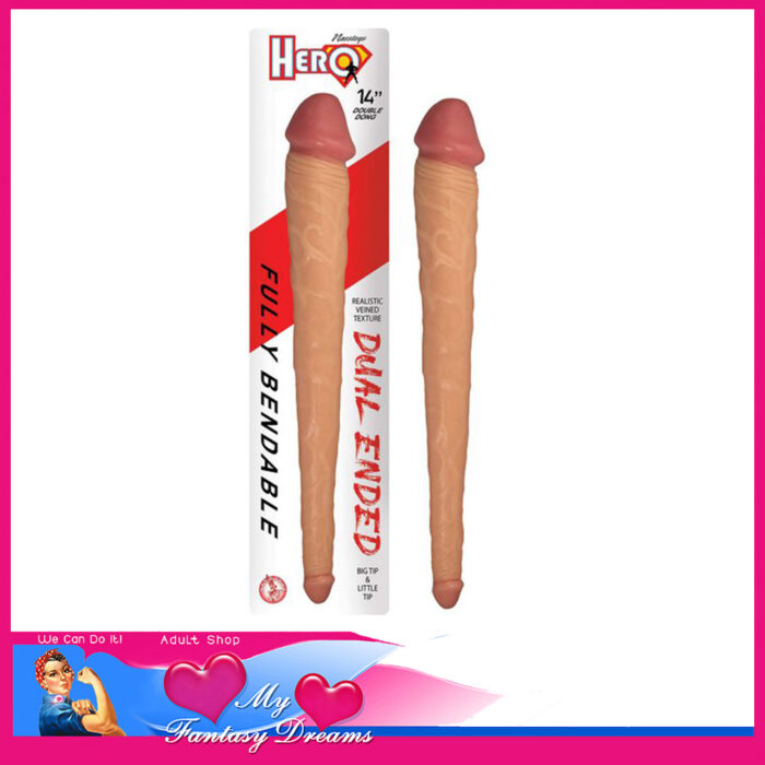 Hero | 14" x 2" & 1" Double Dong Dual Ended Dildo Pvc Bendy Penis Beige