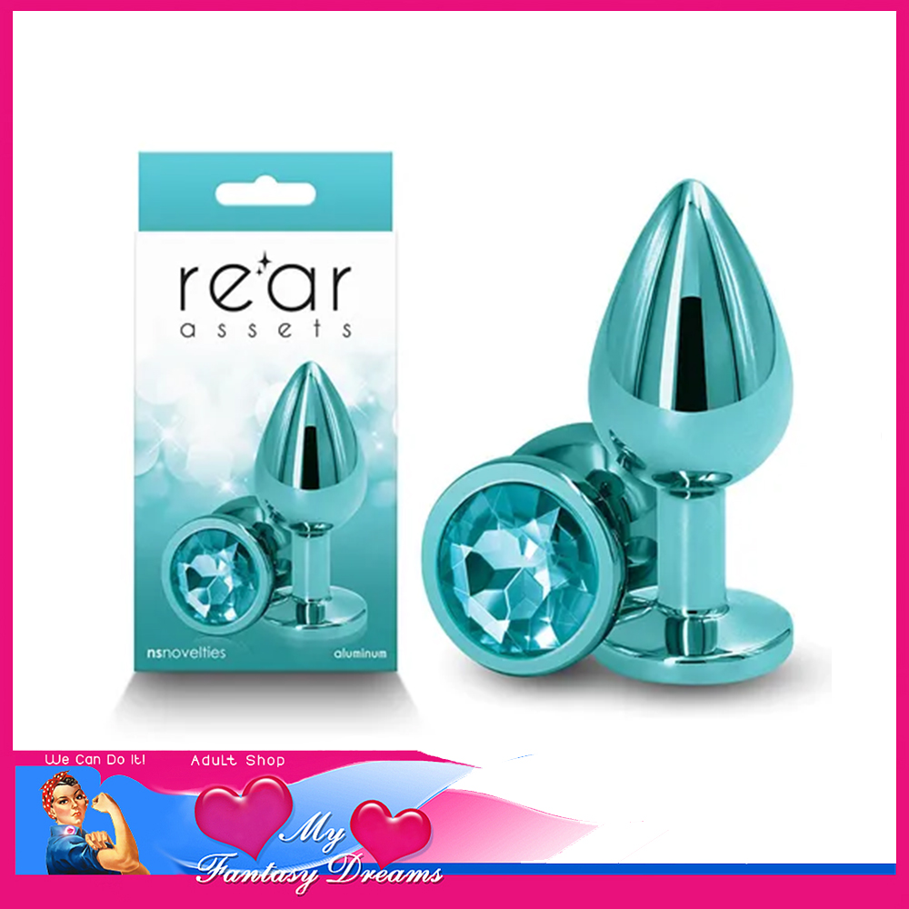 Rear Assets | Aluminium Metal Anal Plug Round Gem Base Medium 8.2cm x 3.4cm Teal Blue