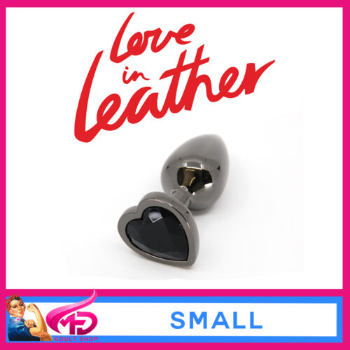 PLU002BBS Love In Leather | Small 6cm X 2.7cm Plug Heart Gemstone Bling Black On Black