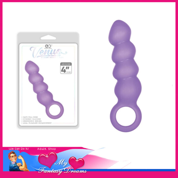 Venus - 4" Insert Beaded Prostate Anal Probe With ring Pull Silicone Coated Hard Feel Purple