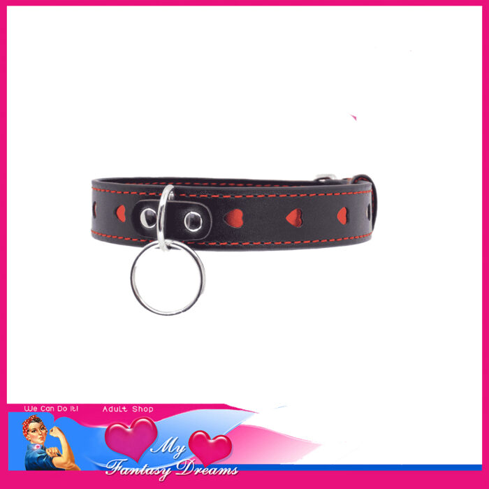 Berlin Baby - Red Hearts With Silver O Ring 55cm Choker Collar Pu Leather Black