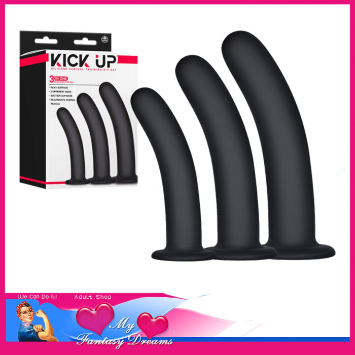 Kick Up - Vaginal Training Dilator Kit Silicone 3 Sizes 4.5" 5.5" 6.5" Suction Base Black