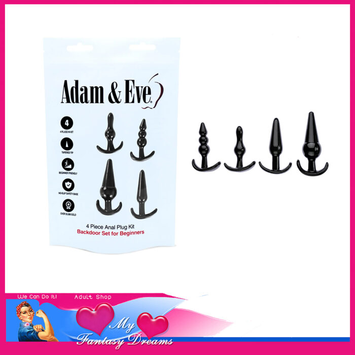 Adam & Eve - 4 Piece Anal Plug Set Smooth Tpe Starter Kit 3.1" 4" 4.4" 5" Smile Base Black