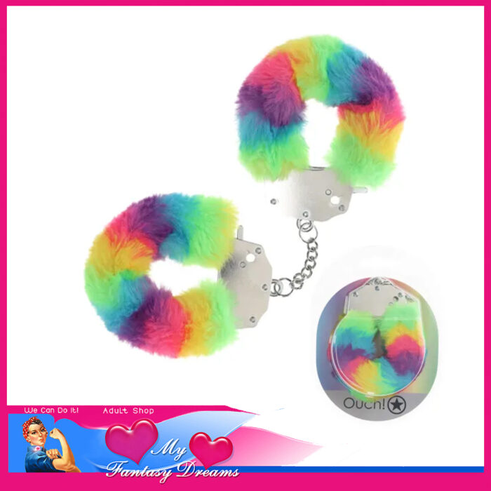 Ouch! - Furry Handcuffs Quick Release Acrylic Fur Metal Restraints Rainbow