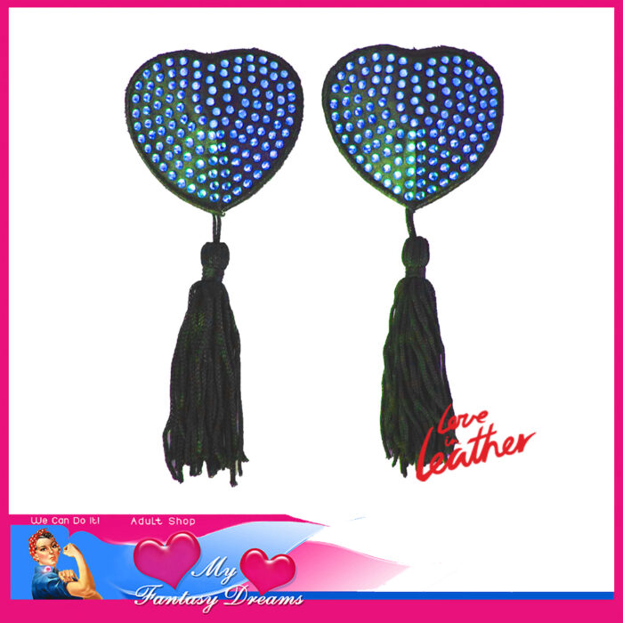 Love In Leather - Nipple Pasties Heart Satin Rhinestones 2" Black Tassels Blue