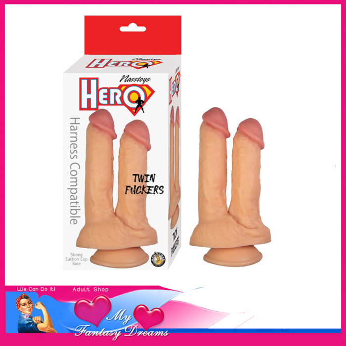 Hero - Twin Fuckers Harness Compatible Suction Cup Double Penis Dildo 8.5" Pvc Beige