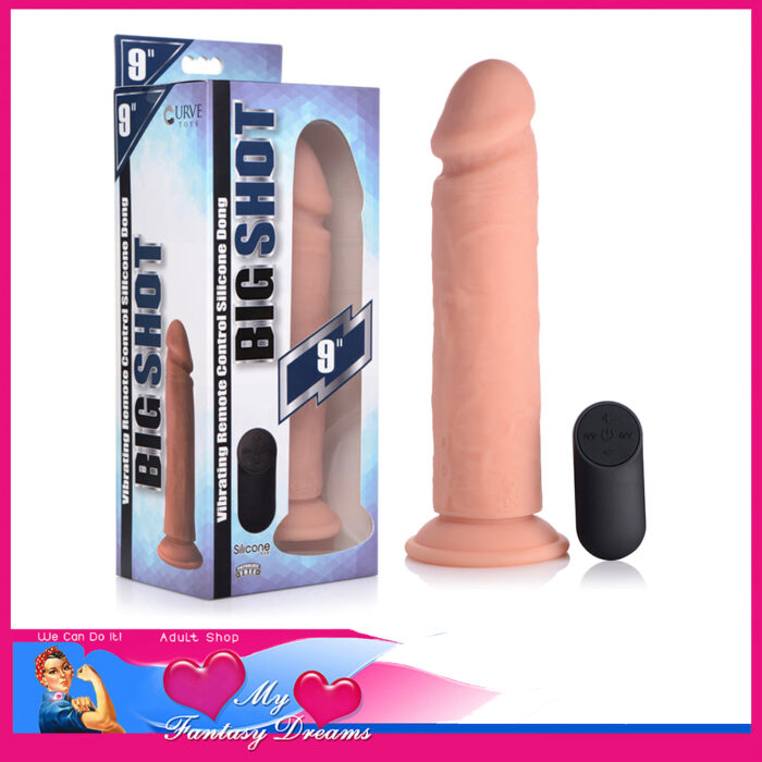 Big Shot | 9" x 2" Girthy Dildo Usb 21 Speed Remote Suction Cup Silicone Vibrator Beige