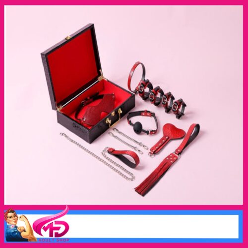 BDSM Sex Bondage 8-Piece Snakeskin pu Leather Bondage Kit Hard Toolbox RED WITH Gold Trims