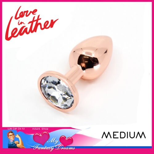 Love In Leather | Butt Plug Metal Round 3.15" Medium Size Rose Gold Clear Gem PLU001RSEM