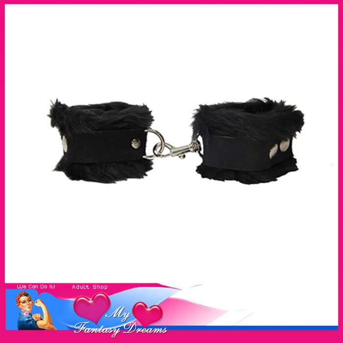 Love In Leather | Furry Fluffy Handcuffs Snap Closure 25.5cm Coloured Black HAN011BLK