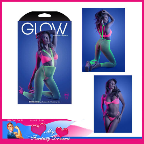 Glow | Black Light Come Alive 3 Piece Suspender Stockings Set 6-14 Au Stretchy Mesh Green Pink