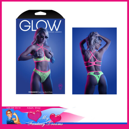 Glow | Bra Panties Glow In The Dark Persuasive Open Cup Bra & Panty 12-14Au Green Pink