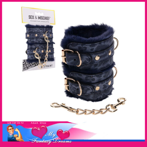 Sex & Mischief | Handcuffs Cougar Faux-Fur Lined Pu Leather Gold Hardware 9" 5.5" Chain Blue