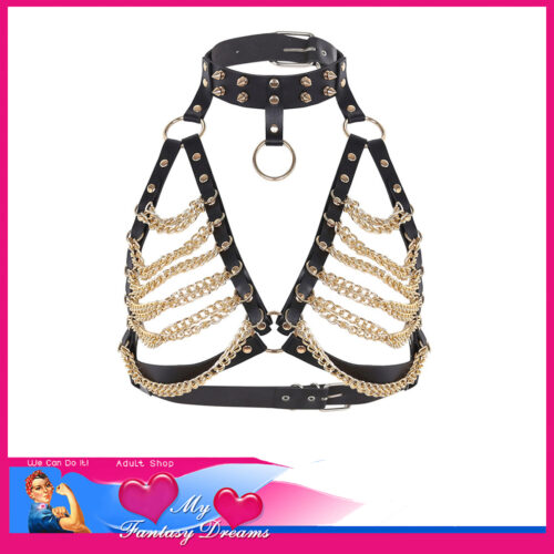 X-Cite | Punk Harness Gold Hardware Collar D Ring Adjustable Straps 6-12 Au Pu Leather