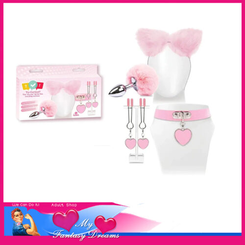 Tri Curious | Cosplay Kit 5 in Set Nipple Tweezers Anal Plug Collar Ears Headband Pink