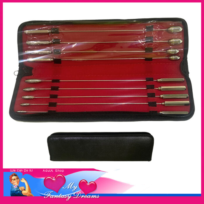 X-Cite | Bakes Sounding Kit 9 Piece Silver Chrome Plated Brass 11" Long Urethral Probes 3mm -11mm Red Velvet Black Outer