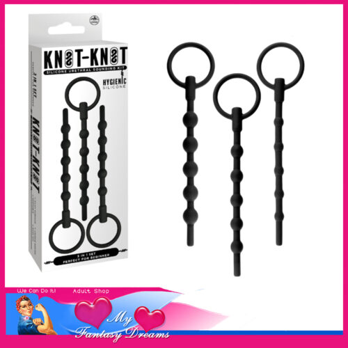 Knot Knot | Urethral Sounding Kit 3 in Set 4.5" Insert .8cm 1cm 1.3cm Ring Pull Base Silicone Black