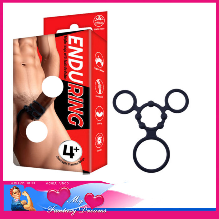 Enduring | Triple Cock Rings With Ball Stretcher 4 Way Cock Cage Silicone Suits Up To 1.5" Black
