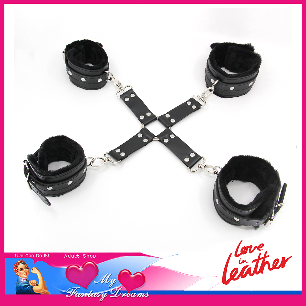Love in Leather | Hogtie Pu Leather Cuffs Plus Ankle Cuffs Fur Lined Black Silver Studs B-SHA01