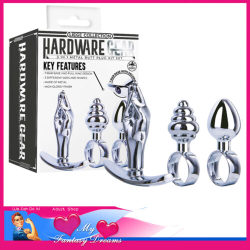 Hardware Gear - 3 in 1 Heavy Metal Butt Plug Set With T Bar and Ring Base 2.2" Biggest Insert Silver