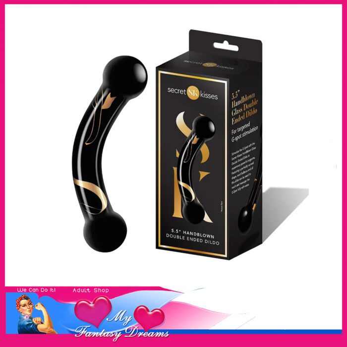 Secret Kisses - 5.5" Handblown Glass Double Ended Dong Black and Gold Trim