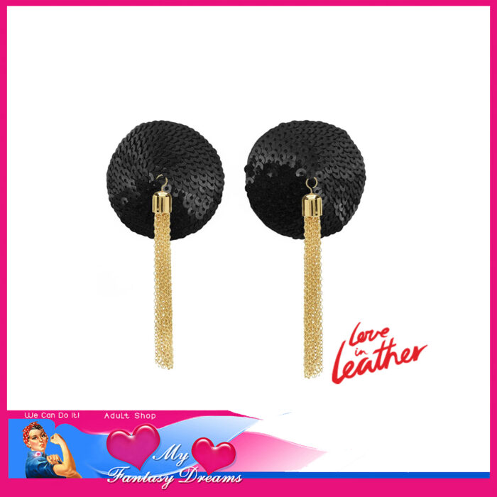 Love in Leather - Nipple Pasties 2" Wide Sequins With Golden Chain Tassels Re Use Black