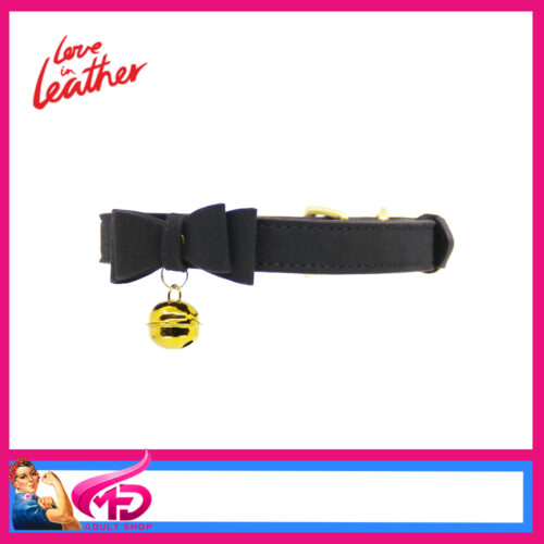 Berlin Baby | Vegan Faux Soft Leather Suede Kitty Collar Bell 32cm - 42cm Black Gold Bell COL017BLK