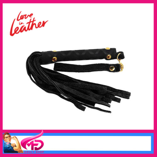 WHI05 Love in Leather Latex Handle Suedette 27cm Mini Flogger Whip Black