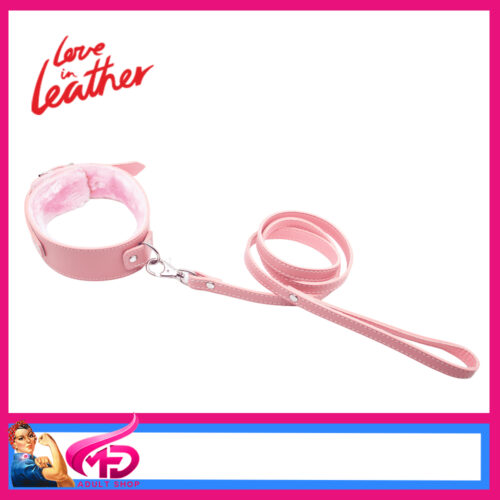 B-COL02 Love In Leather Fur Lined Neck Collar 39-47cm Plus Lead Pu Leather Pink