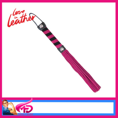 WHI051 Love in Leather Suede Willy Whip 26cm Genuine Leather Flogger With Cane Stripes Pink