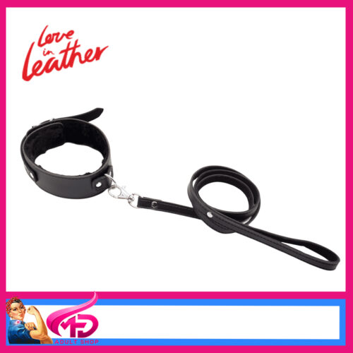 B-COL02 Love In Leather Fur Lined Neck Collar 39-47cm Plus Lead Pu Leather Black