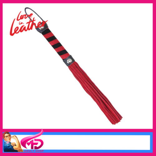 WHI051PUR Love in Leather | Suede Willy Whip 26cm Genuine Leather Flogger With Black Cane Stripes Red