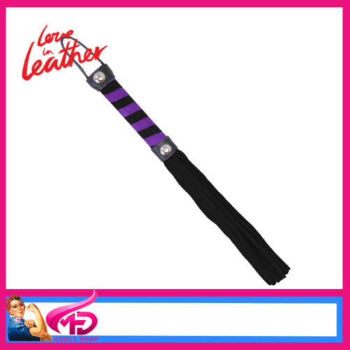 WHI051 Love in Leather | Suede Willy Whip 26cm Genuine Leather Flogger With Black Cane Stripes Purple