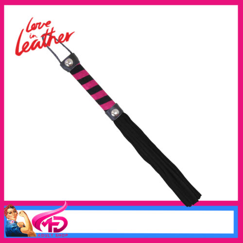 WHI051 Love in Leather | Suede Willy Whip 26cm Genuine Leather Flogger With Black Cane Stripes Pink