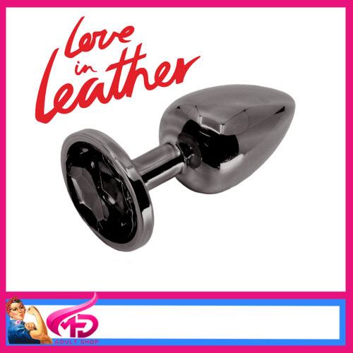 PLU001BBM Love In Leather | Butt Plug Metal Black Chrome Black Gem 3.15" Round Medium Size  PLU001BBM