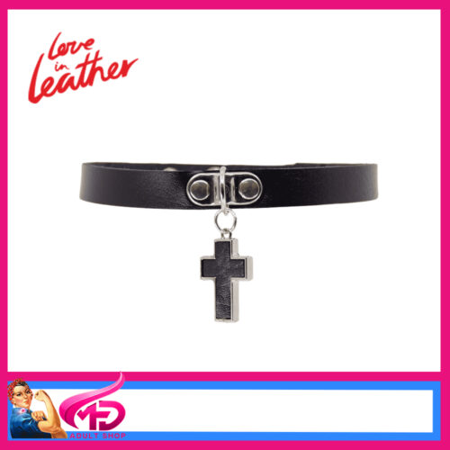 CHO022 Love in Leather Cross Adorned 32.5-38.5cm Choker Collar Raw Faux Leather