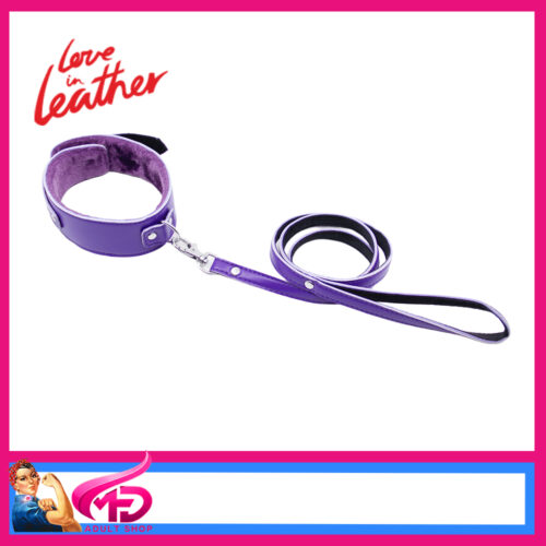 B-COL02 Love In Leather Fur Lined Neck Collar 39-47cm Plus Lead Pu Leather Purple