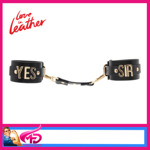 HAN074GLD Love In Leather 28cm Gold Hardware Handcuffs Yes Sir
