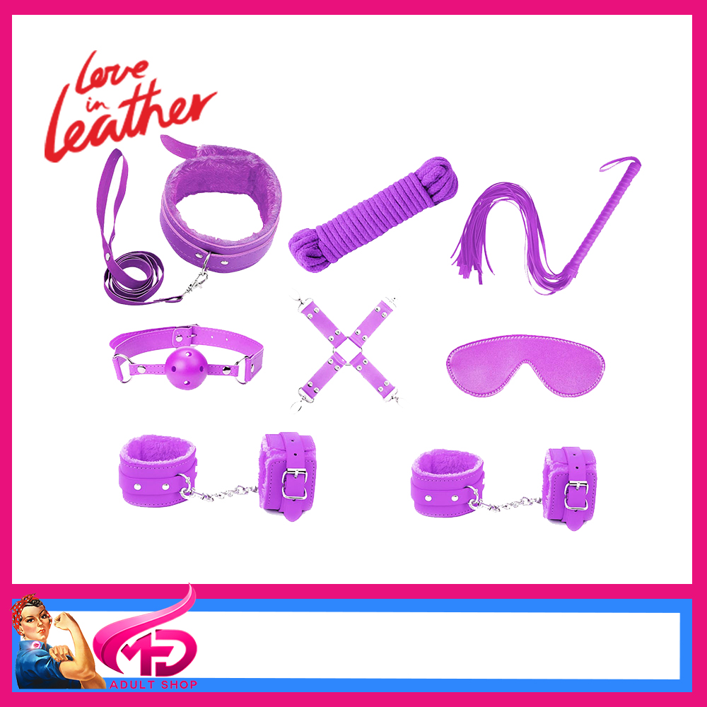 KIT001 Love In Leather 9 Piece Bondage Kit Cuffs Collar Flogger Hogtie Purple