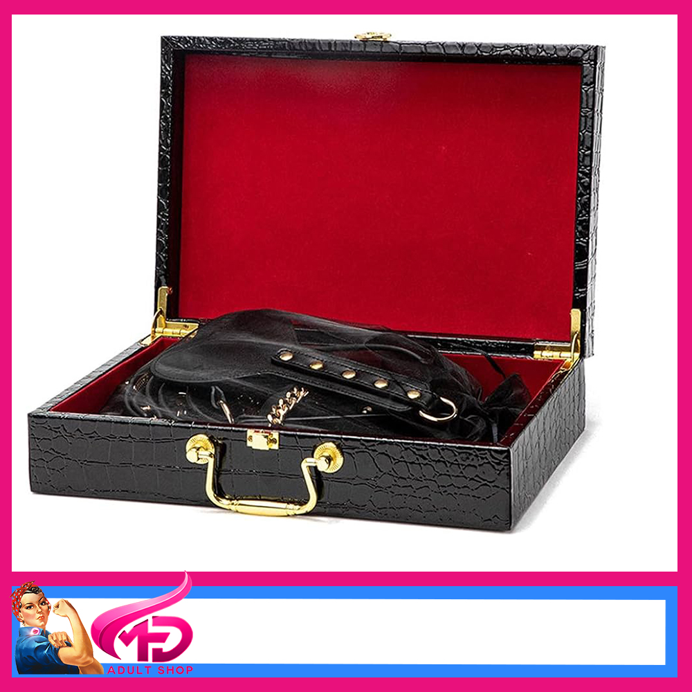 BDSM Sex Bondage 8-Piece Snakeskin pu Leather Bondage Kit Hard Toolbox Gold Trim