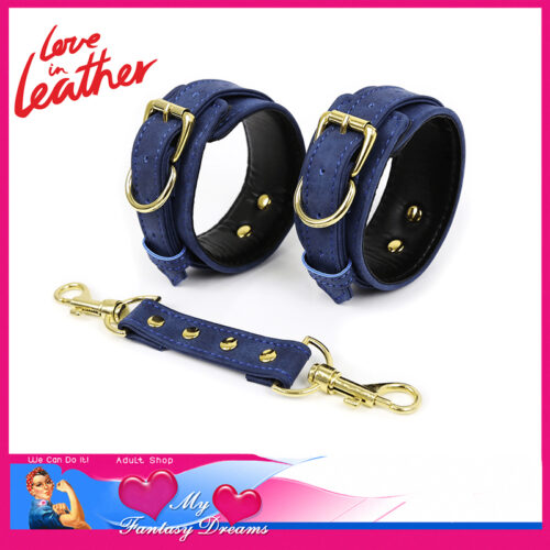 HAN047 Love In Leather | Gold Trim Vegan Leather Handcuffs Quality Blue